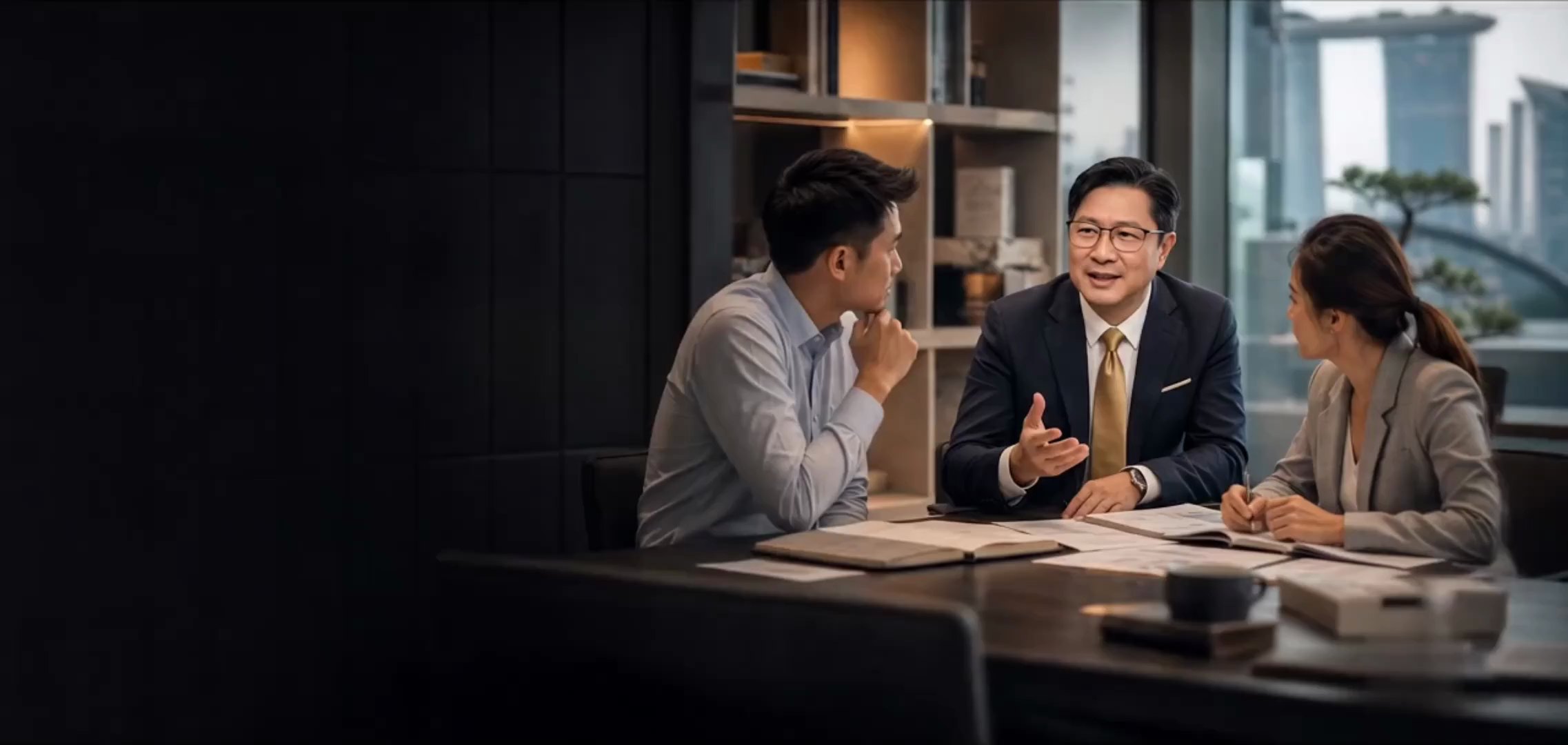 Mentor speaking with financial advisory professionals in a refined office