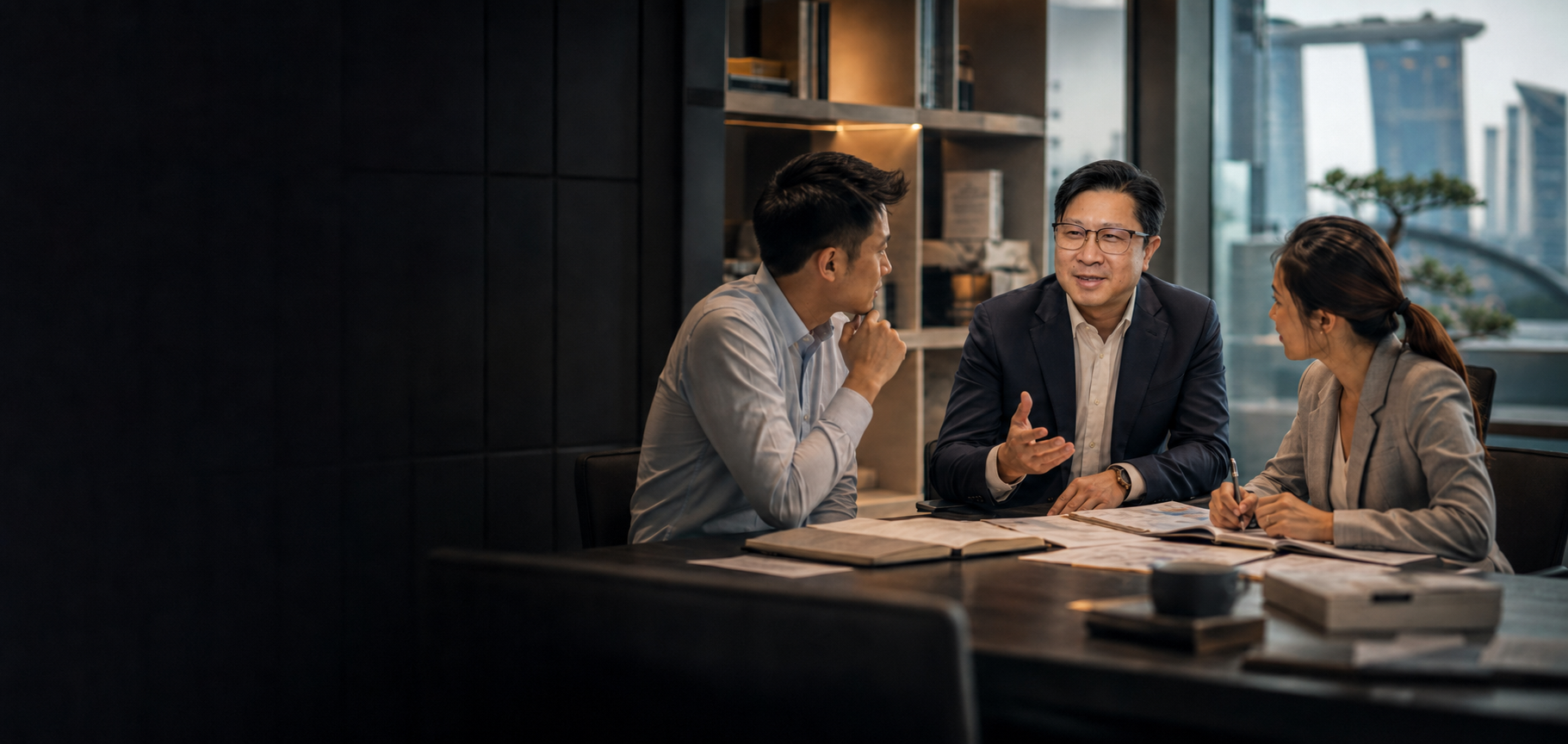 Mentor speaking with financial advisory professionals in a refined office